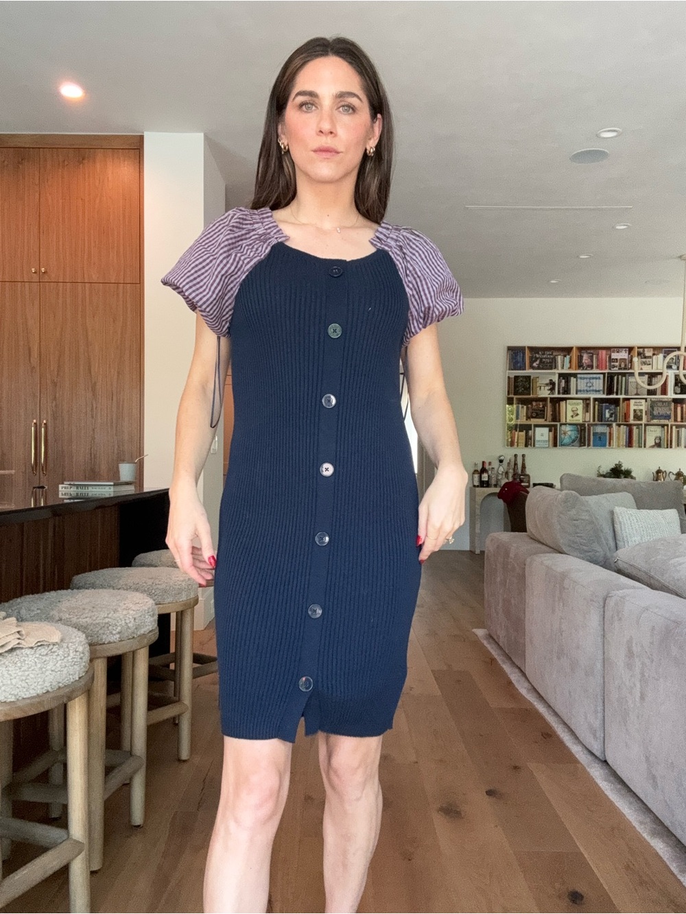 Maeve Navy Ribbed Button-Front Midi Dress with Lavender Puff Sleeves